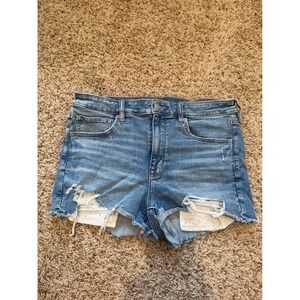 American Eagle Distressed Denim Shorts Medium Wash Eyelet Lace Size 12 High Rise